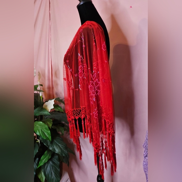 A distinctive Floral Sheer Shawl Showcases Red Beadwork Embroidery. - Picture 8 of 10
